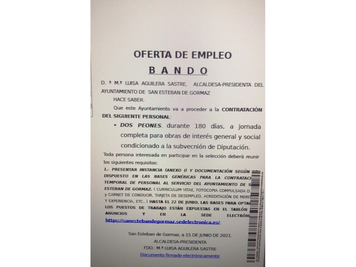 Contratación temporal dos peones servicios múltiples